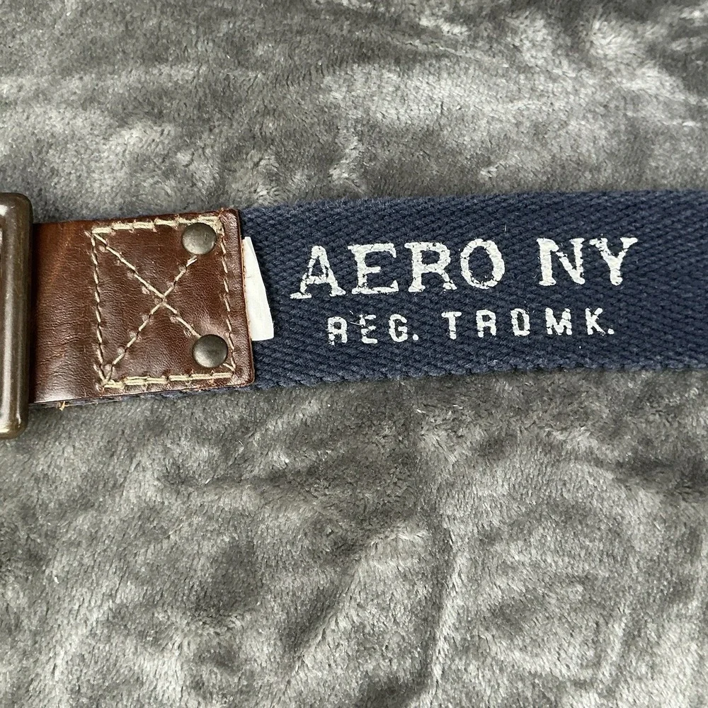 Vintage Aeropostale Navy Striped Canvas & Brown Leather Men's Belt Size 40 (?)